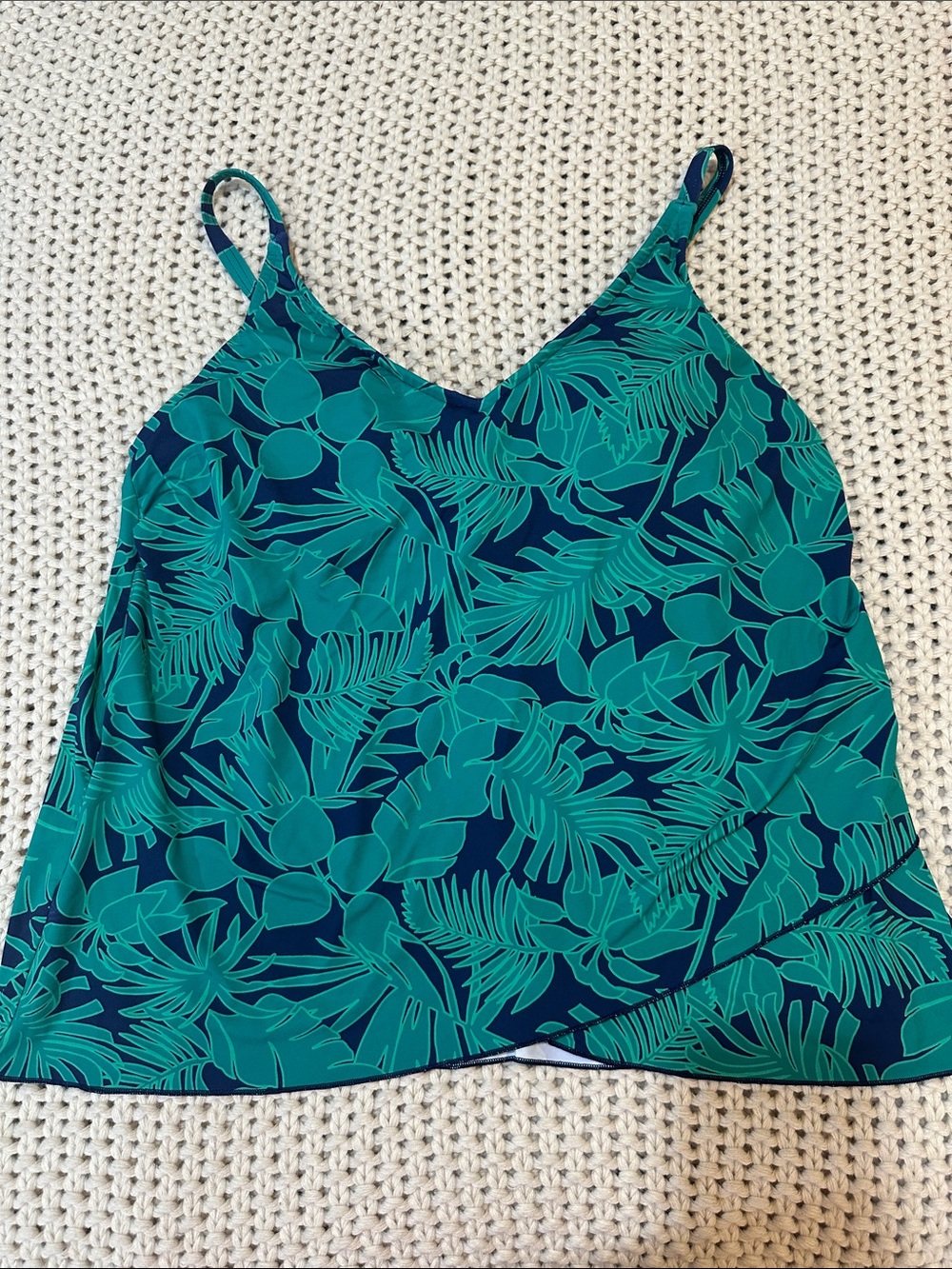 Lands' End Navy and Green Tropical Print Tankini Swim Top, Size L